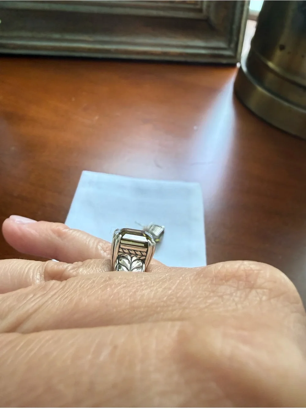 JAI Sterling Silver Asscher Cut Olive Quartz Ring & Earring Set, size 5